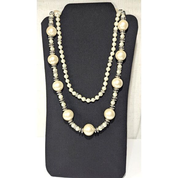 Off White Silver Tone Rhinestone Double Strand Necklace - Picture 7 of 9